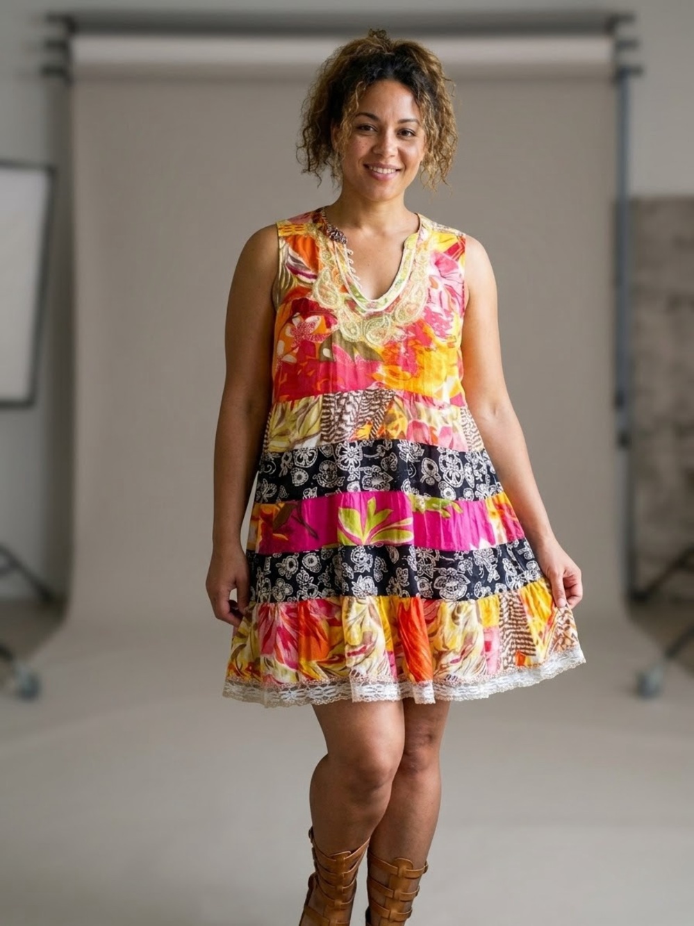 Free People Patchwork Floral Mini Dress / Tunic - Size Large